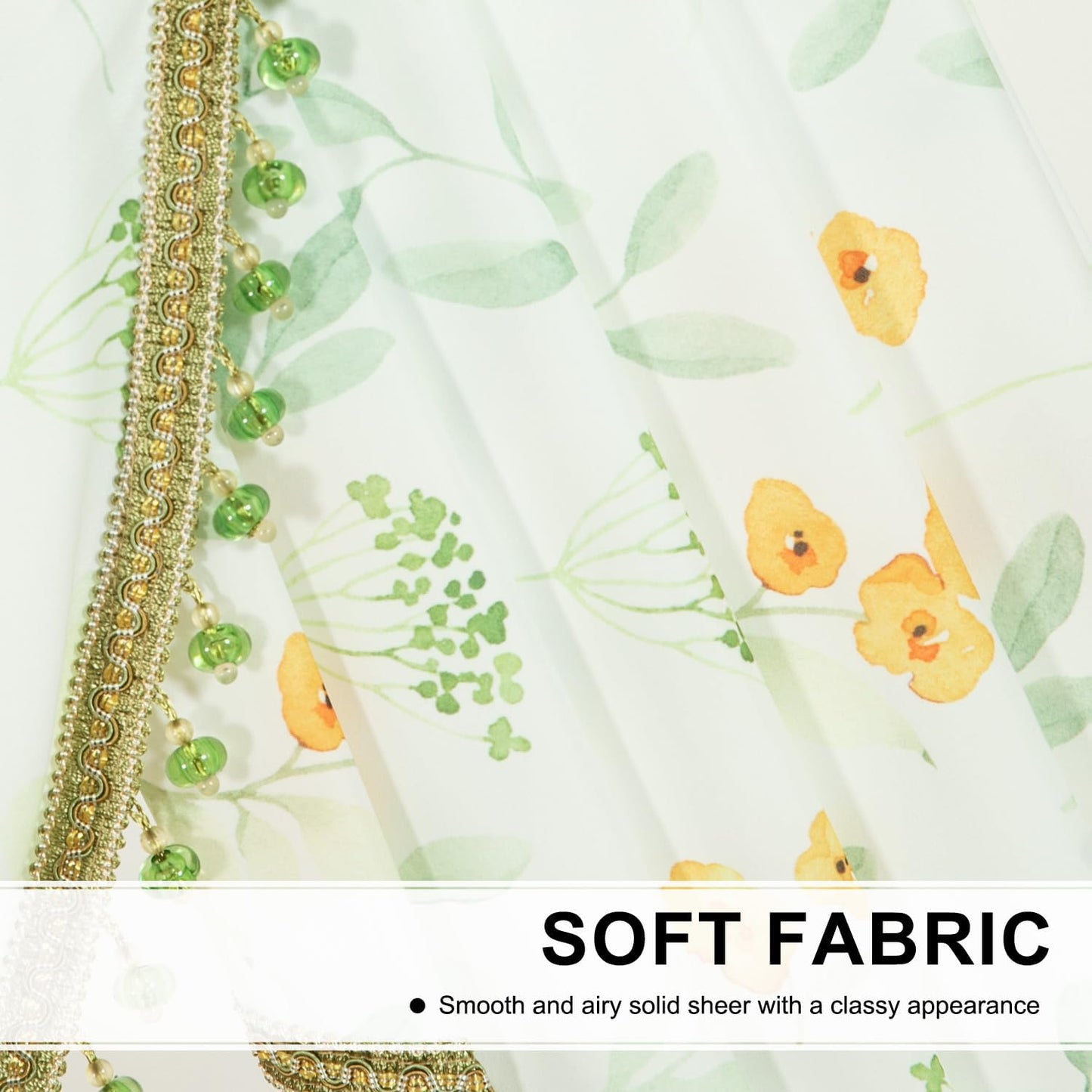 Leeva Extra Wide Sheer Valance for Windows, Yellow Flower Print Waterfall Valance with Bead Tassels, Voile Window Curtains for Living Room Decor, 138" x 43"