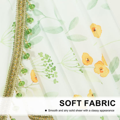 Leeva Extra Wide Sheer Valance for Windows, Yellow Flower Print Waterfall Valance with Bead Tassels, Voile Window Curtains for Living Room Decor, 138" x 43"