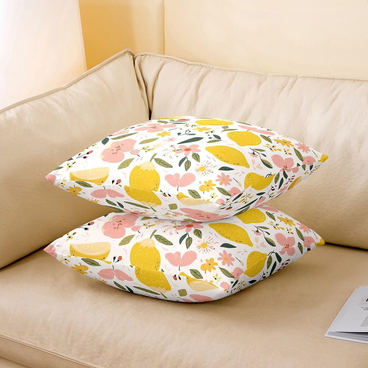 Erosebridal Lemon Pillow Cover 24x24,Summer Lemon Throw Pillow Cover for Sofa Bed Couch Tropical Fruit Cushion Cover Room Decoration Leaves Floral Decorative Pillow Cover Decor