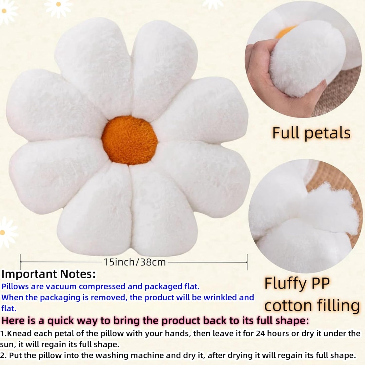 2 Pcs Flower Pillow, Yellow White Daisy Flower Throw Pillows Set, Cute Preppy Room Decor Aesthetic Decorative Throw Pillows Floor Cushions for Girls Bedroom Bed Sofa Chair Decor (Yellow & White)