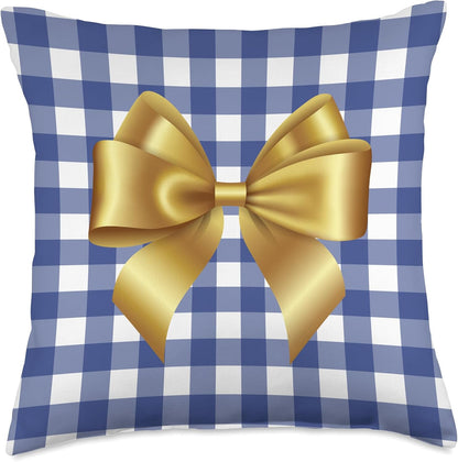 Hanukkah Decor Blue White Check Pillow Yellow Bow Christmas Throw Pillow