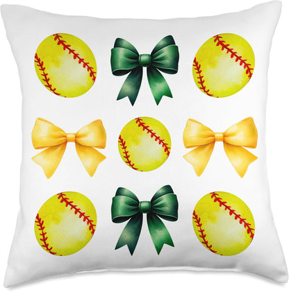 Softballs & Bows for Women Girl Softball Player Green Yellow Throw Pillow