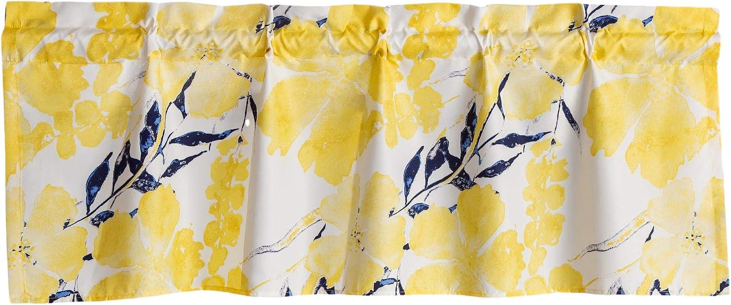 Tache Spring Leaves Floral Tailored Window Valance, Semi-Sheer Microfiber Curtain Topper for Kitchen or Bathroom, Bright Yellow & Navy Blue, 18" x 52"