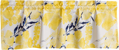 Tache Spring Leaves Floral Tailored Window Valance, Semi-Sheer Microfiber Curtain Topper for Kitchen or Bathroom, Bright Yellow & Navy Blue, 18" x 52"