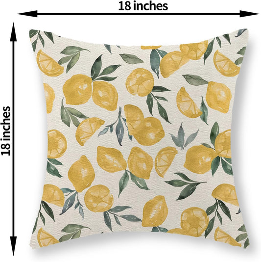 Summer Pillow Covers 18x18 Inch Set of 2 Yellow Lemon Pillow Covers Summer Outdoor Decorative Pillow Cases Linen Farmhouse Yellow Cushion Covers Decor for Couch Living Room Bedroom Sofa