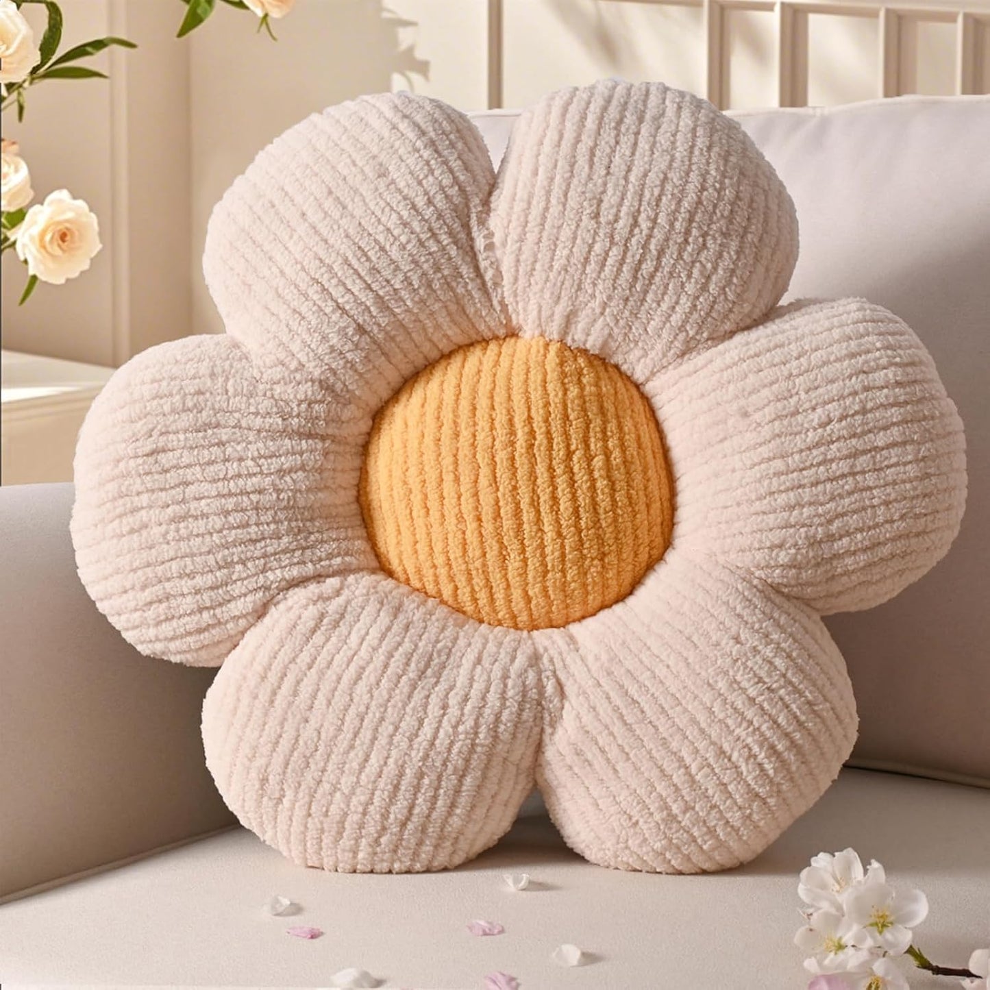 Flower Pillows, Cute Daisy Shaped Throw Pillow, Small Cream Yellow Floor Cushions for Gifts, Kids Decorative Pillows for Living Room Sofa Bedroom Bed, 15.7x15.7 Inch