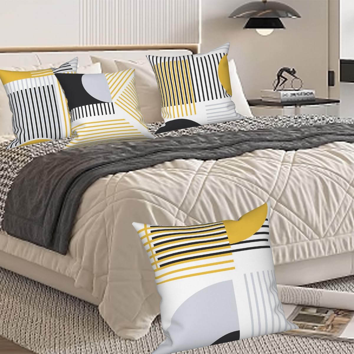 Modern Minimalist Throw Pillow Covers Geometric Striped Pillowcase Boho Line 20x20 Set of 4 Abstract Art Simple Yellow Cushion Covers for Bed Couch Sofa Living Room Garden Patio Car Decor