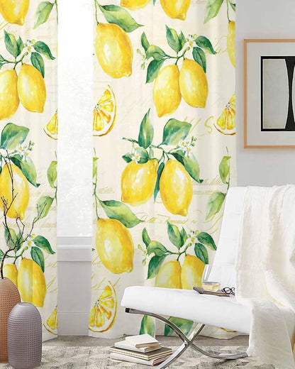 Yellow Lemon Sheer Curtains 90 Inch Length 2 Panels Set Summer Fruit Green Retro Farmhouse Leaf Curtain Drapes for Kitchen/Bedroom/Living Room/Doorway/Sliding Glass Door/Bathroom Window Panel 52x90