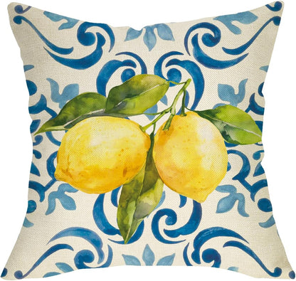 Lemon Italy Tile Pattern Decorative Throw Pillow Cover 20 x 20, Blue Italian Amalfi Coast Citrus Porch Outdoor Home Decor, Spring Summer Mediterranean Sofa Couch Cushion Case