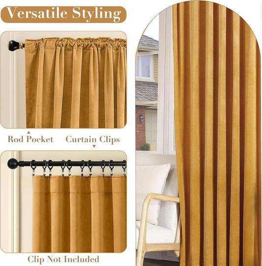 Mustard Yellow Velvet Blackout Curtains for Bedroom,Yellow Velvet Curtains 52"x 84" Inches Curtains Drapes Pocket Back Tab Soft Fabric Curtains Panel for Living Room,2 Panels Set (Yellow)