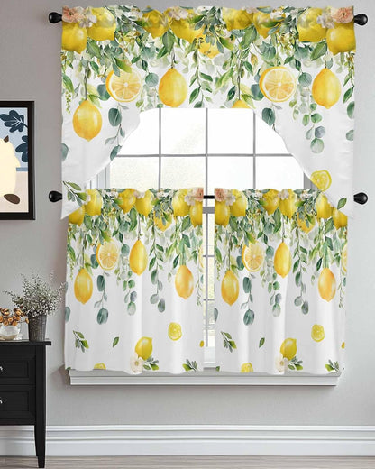 Yellow Lemon Kitchen Curtains Sets for Windows 3 Piece, Summer Fruit Kitchen Curtains and Valances Tier Set 24 Inch Length Green Eucalyptus Leaf Flower Swag Curtain for Living Room Cafe Bath Bedroom
