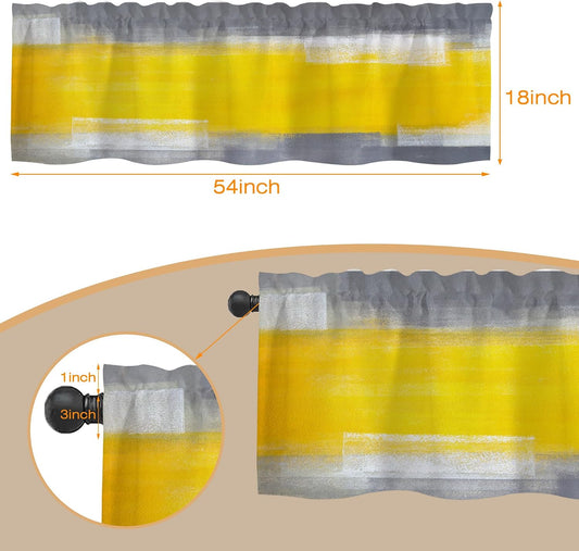 Yellow Gray Abstract Art Semi Sheer Window Valances - Short Rod Pocket Curtains, Light Filtering Decor for Kitchen, Living Room, Bedroom - 54"x18"