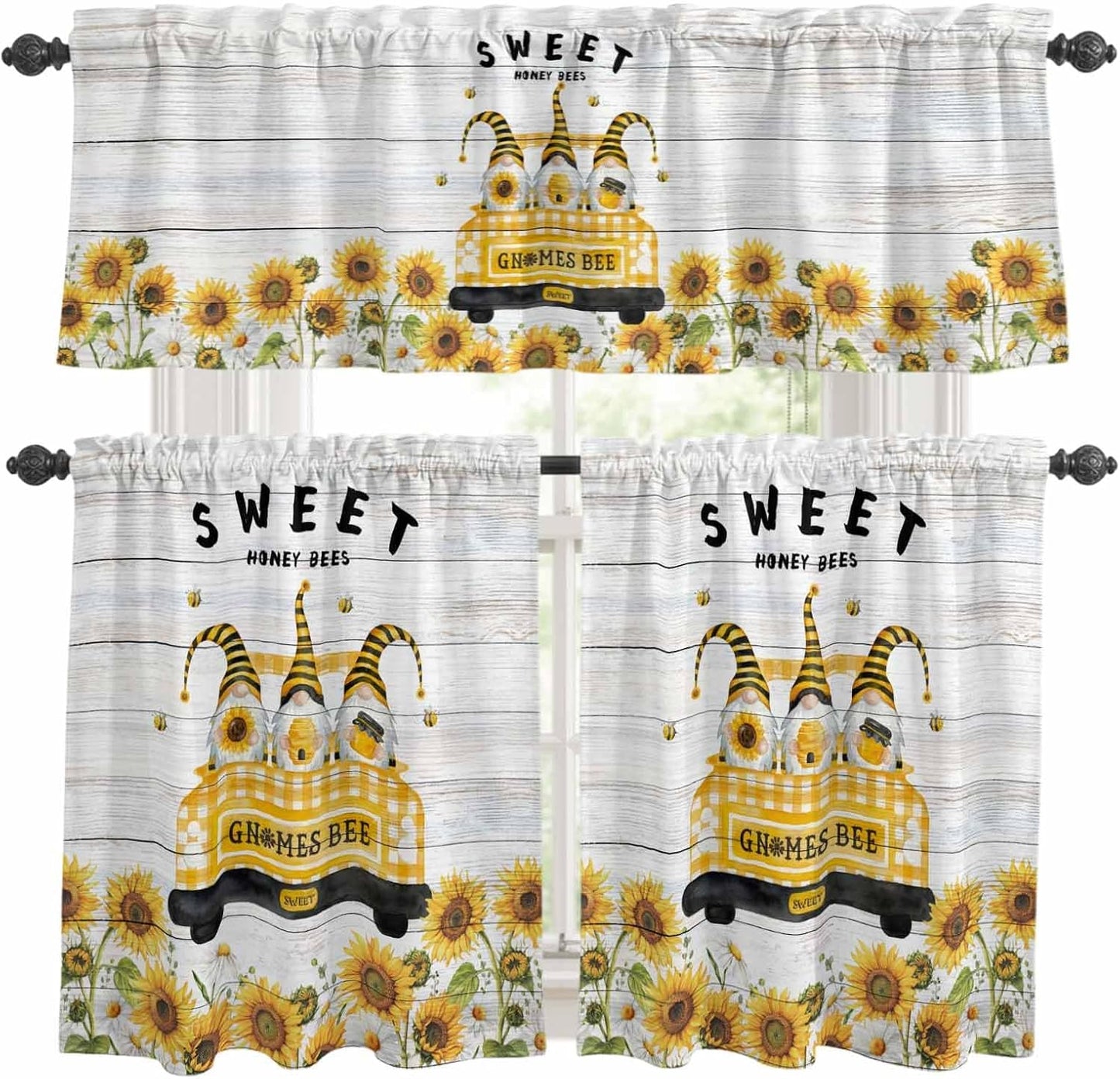 Gnomes Sunflowers Kitchen Curtains Set, Tier Curtain 36 Inches Length, Country Yellow Floral Bees Farmhouse Wooden Window Treatment Valance and Tiers Set Decor for Living Room/Bedroom