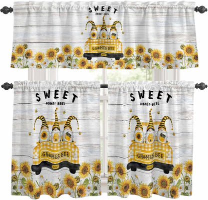 Gnomes Sunflowers Kitchen Curtains Set, Tier Curtain 36 Inches Length, Country Yellow Floral Bees Farmhouse Wooden Window Treatment Valance and Tiers Set Decor for Living Room/Bedroom