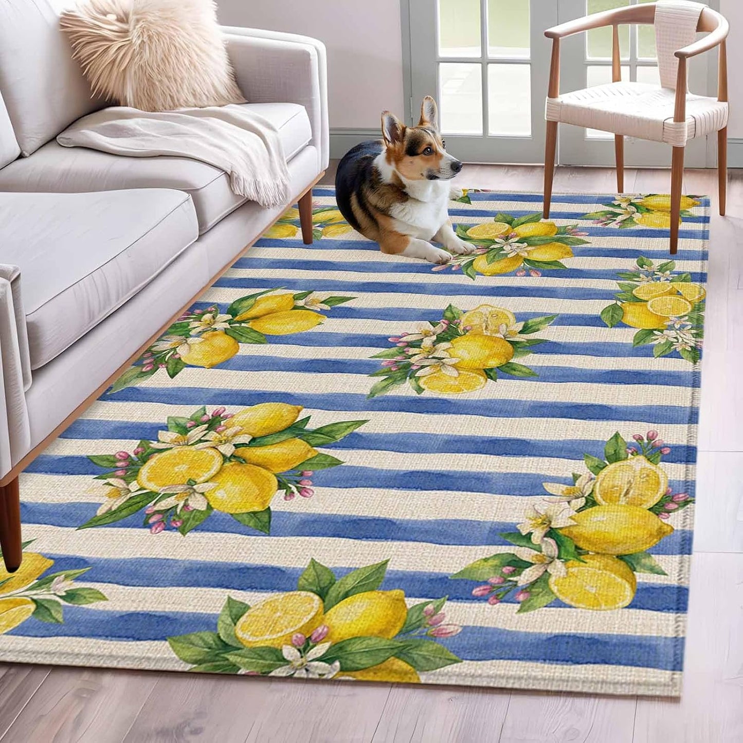 Summer Lemon Area Rug 3x5, Summer Lemon Floral Blue Stripes Linen Texture Non Slip Area Rugs for Living Room, Soft Floor Mat Washable Low Pile Carpet for Bedroom, Dining Room, Entryway