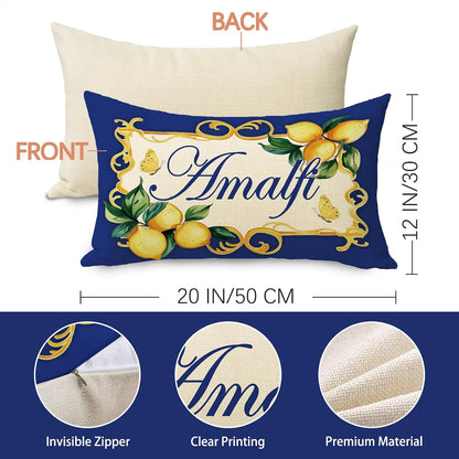 Italy Capri Blue Lemon Lumbar Decorative Throw Pillow Cover 12 x 20, Rectangular Italian Amalfi Coast Citrus Porch Outdoor Home Decor, Summer Mediterranean Sofa Couch Cushion Case