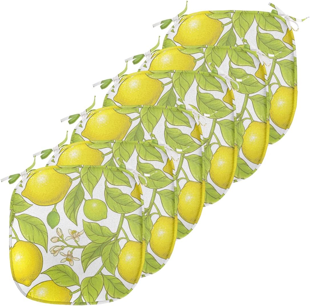 Lunarable Food Chair Seating Cushion Set of 6, Citrus Motifs from Lemon Branches and Blossoms Natural Art Illustration, Anti-Slip Seat Padding for Kitchen & Patio, 16"x16", Yellow and Apple Green