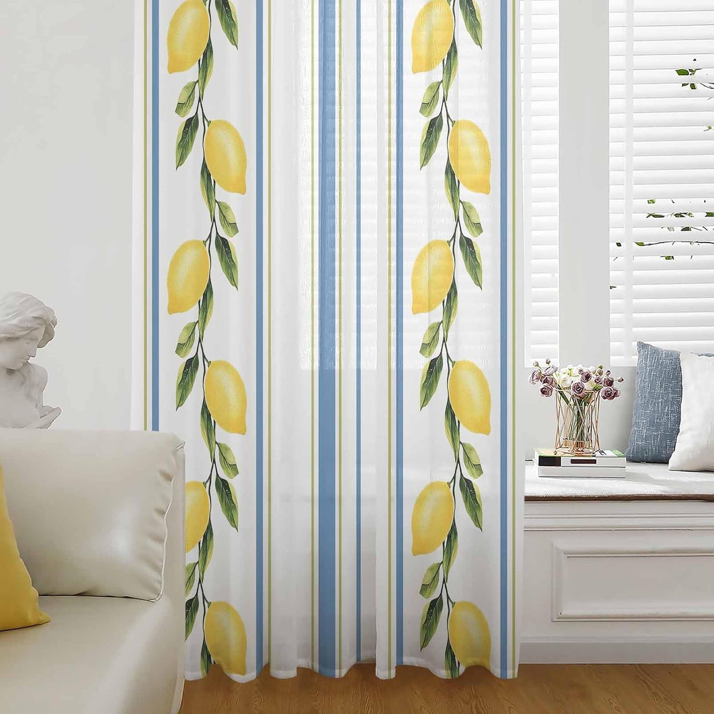 Lemon Striped Sheer Curtains 72 Inch Length Yellow Fruit Blue White Geometric Chiffon Curtain for Bedroom Living Room Light Filtering Rod Pocket Window Treatments Voile Curtains Drapes for Dining