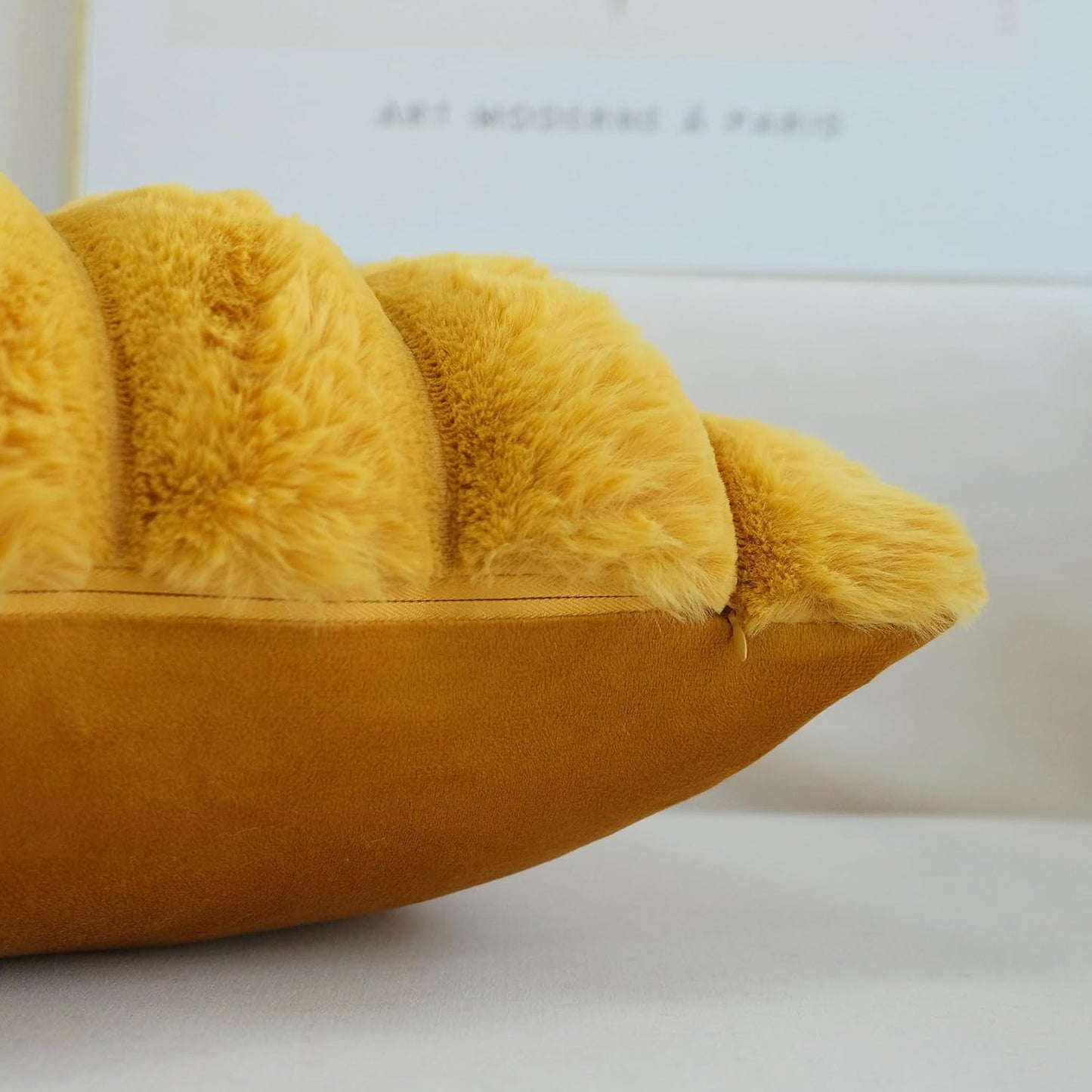JOJUSIS Pack of 2 Faux Fur Plush Decorative Throw Pillow Covers Couch Cushion Case Soft Fluffy Pillowcases Wide Stripe (Yellow, 16 x 16 Inch)