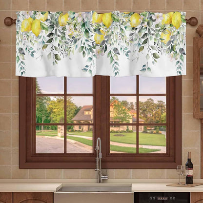 2 Pack Yellow Lemon Kitchen Valances for Windows, Nature Eucalyptus Leaves Short Valance Curtains Rod Pocket Window Treatments Watercolor Flowers Valances for Living Room Bedroom 42x12 Inch, 2 Panels