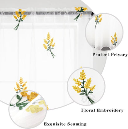 Floral Sheer Curtains Embroidered Lavender Patterned Semi-Sheer Curtain 84 Inches Long 2 Panels Rod Pocket Spring Voile Drapes for Living Room, Bedroom(W52 x L84 Inch, White&Yellow)