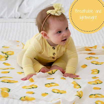 LollyBanks 100% Cotton Muslin Swaddle Blanket, Lemon Print, 47 x 47 Inches, Baby, Toddler, Female