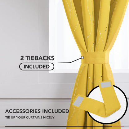 Deconovo Blackout Curtains, Yellow Thermal Insulated Grommet Drapes, Silver Wave Dots Foil Print, Light Blocking Panels, 52" W x 95" L, 2 Panels, for Bedroom Living Room Sliding Door