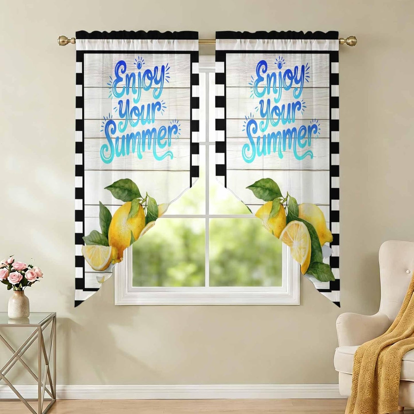 Yellow Lemon Swag Curtains 36 Inch Length 2 Panels Set,Summer Fruits Modern Minimalist Wooden Grain Semi-Sheer Curtain Drapes Rod Pocket Valance For Kitchen,Living Room,Bedroom,Cafe Window 56"Wx36"L