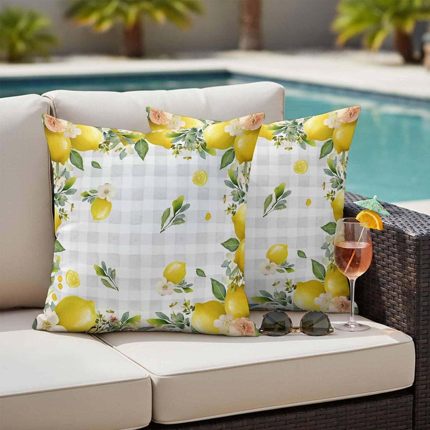 Outdoor Pillow Covers 18x18 Pack of 2, Summer Yellow Lemon on Grey Check Decorative Pillow Cover Waterproof Pillowcase, Farmhouse Fruit Theme Farmhouse Cushion Covers for Garden Patio Sofa Couch