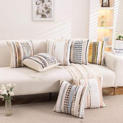 Emvency Boho Throw Pillow Covers 18x18 Inches Set of 2, Yellow and White Chenille Tufted Farmhouse Striped Chic Modern Art Square Decorative Couch Pillowcases for Home Decor Bedroom Sofa Living Room