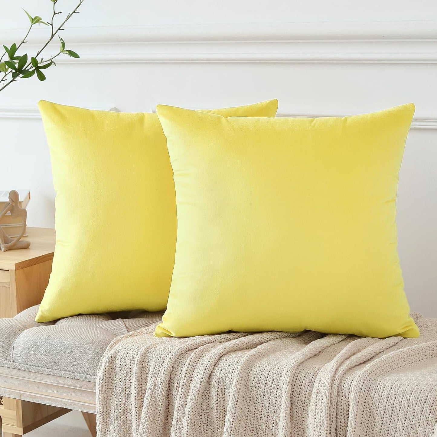 OTOSTAR Pack of 2 Velvet Soft Decorative Throw Pillow Covers 18 x 18 Inch Solid Square Cushion Case Couch Home Decor Pillow Covers for Sofa Bedroom Living Room (Lemon Yellow)