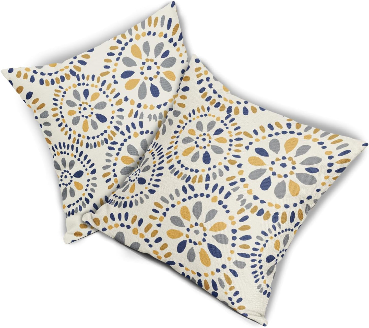 Blue and Yellow Throw Pillow Covers 18x18 Set of 2 Navy Yellow Grey Gray Boho Geometric Flower Pattern Print Decorative Pillowcases Farmhouse Outdoor Square Cushion Cases Decor for Sofa Bed Couch