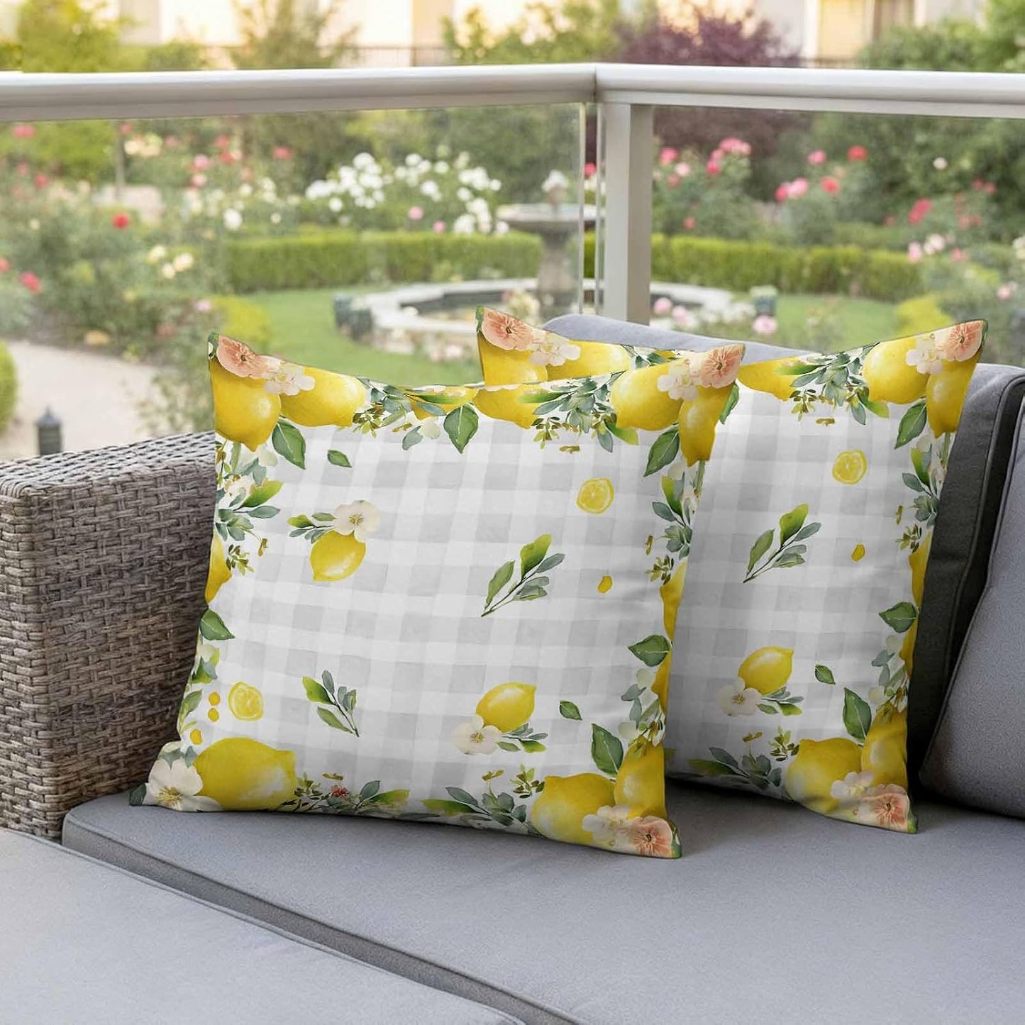 Outdoor Pillow Covers 18x18 Pack of 2, Summer Yellow Lemon on Grey Check Decorative Pillow Cover Waterproof Pillowcase, Farmhouse Fruit Theme Farmhouse Cushion Covers for Garden Patio Sofa Couch