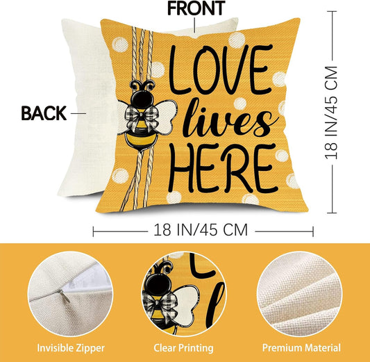 Spring Summer Sunflower Decorative Throw Pillow Covers 18 x 18 Set of 4, Yellow Flower Bumble Bee Home Sweet Home Decor, Love Lives Here Floral Plaid Polka Dots Farmhouse Sofa Couch Cushion Case