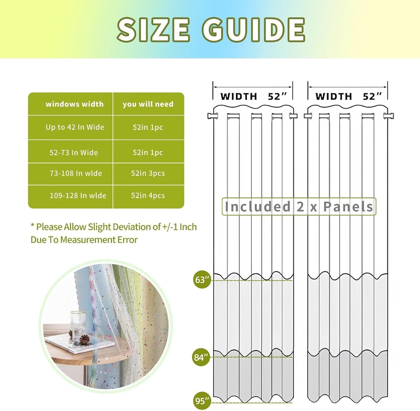 52x63 2-in-1 Double-Layer Kids & Girls Unicorn Princess Ombre Blackout Curtains with Foil Print Sheer, 2 Panels Set - Green Yellow Blue