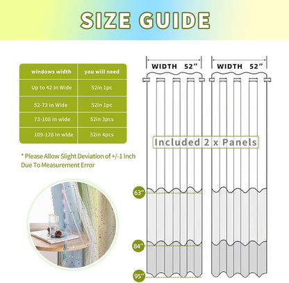 52x63 2-in-1 Double-Layer Kids & Girls Unicorn Princess Ombre Blackout Curtains with Foil Print Sheer, 2 Panels Set - Green Yellow Blue