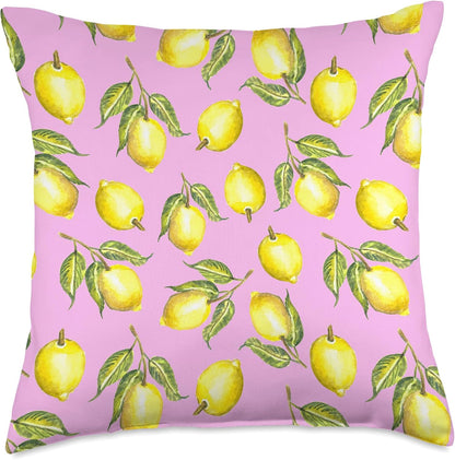 Watercolor Lemon Citrus Fruit Pink Yellow European Summer Throw Pillow