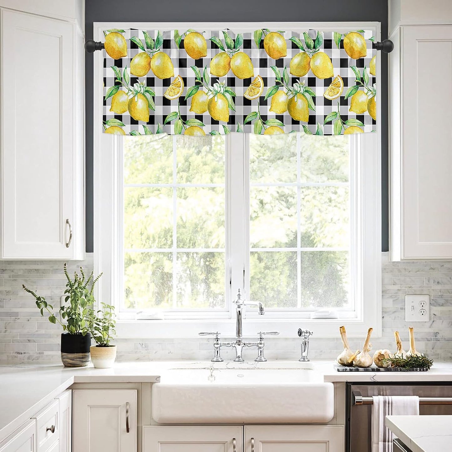 Lemon Curtains for Bedroom Living Room Watercolor Art Buffalo Plaid Roman Shades for Windows Farmhouse Curtains & Drapes Aesthetic Rod Pocket Valances for Kitchen Window Curtains Over Sink 1 Panel