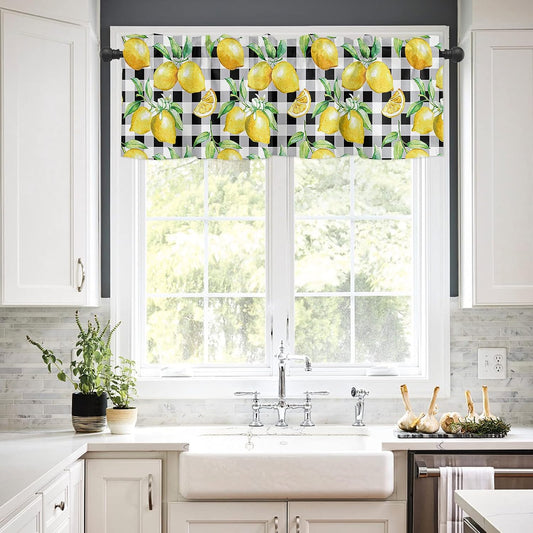 Lemon Curtains for Bedroom Living Room Watercolor Art Buffalo Plaid Roman Shades for Windows Farmhouse Curtains & Drapes Aesthetic Rod Pocket Valances for Kitchen Window Curtains Over Sink 1 Panel