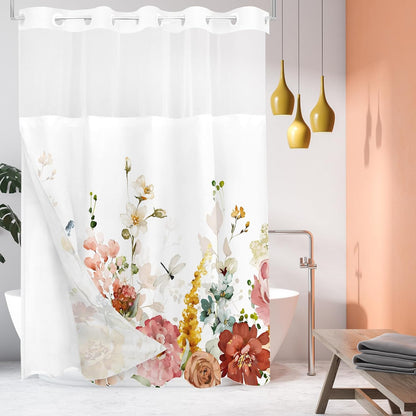 Tititex No Hooks Snap in Liner Aesthetic Blooming Yellow Flowers Leaves Shower Curtain Sets, Hotel Luxury Double Layers Waterproof Fabric & See-Through Top Window Bathroom Decorative 60x72 Inch