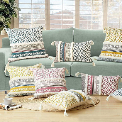 Lumber Boho Throw Pillow Cover for Couch Sofa - Cotton Hand-Woven Tufted Moroccan Decorative Pillowcase with Tassels for Farmhouse Living Room Bedroom Car Hotel - Yellow 12 x 20 Inches