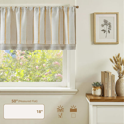 jinchan Linen Valance Kitchen Curtain Light Filter Double Layer 18 Inch | Light filtering kitchen valance,yellow striped pattern on linen background,bringing rustic farmhouse style