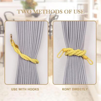 NICEEC 2 Pack Natural Cotton Rope Curtain Tiebacks Elegant Boho Style Decor Drape Tie Backs Soft Hand-Woven Double Rope Curtain Holdbacks with Metal Hook for Home & Office Drapery (Yellow)