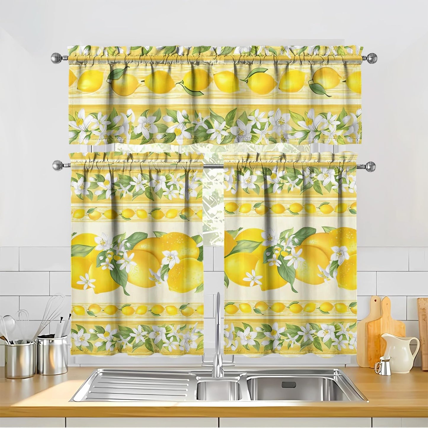 Lemon Kitchen Curtains Sets for Windows Lemon Summer Curtain Sink Window Valance 3 Piece Set Yellow Kitchen Decor Tier Curtains 3 Panels for Living Room Bedroom