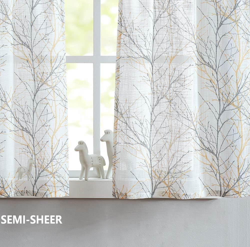 FMFUNCTEX Window Valance Curtains Yellow Grey Tree Branch Print on Semi Sheer White Short Valance for Kitchen Bathroom Rod Pocket Window Treatment 1 Panel, 50 x 15 Inches