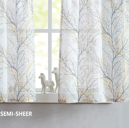 FMFUNCTEX Window Valance Curtains Yellow Grey Tree Branch Print on Semi Sheer White Short Valance for Kitchen Bathroom Rod Pocket Window Treatment 1 Panel, 50 x 15 Inches