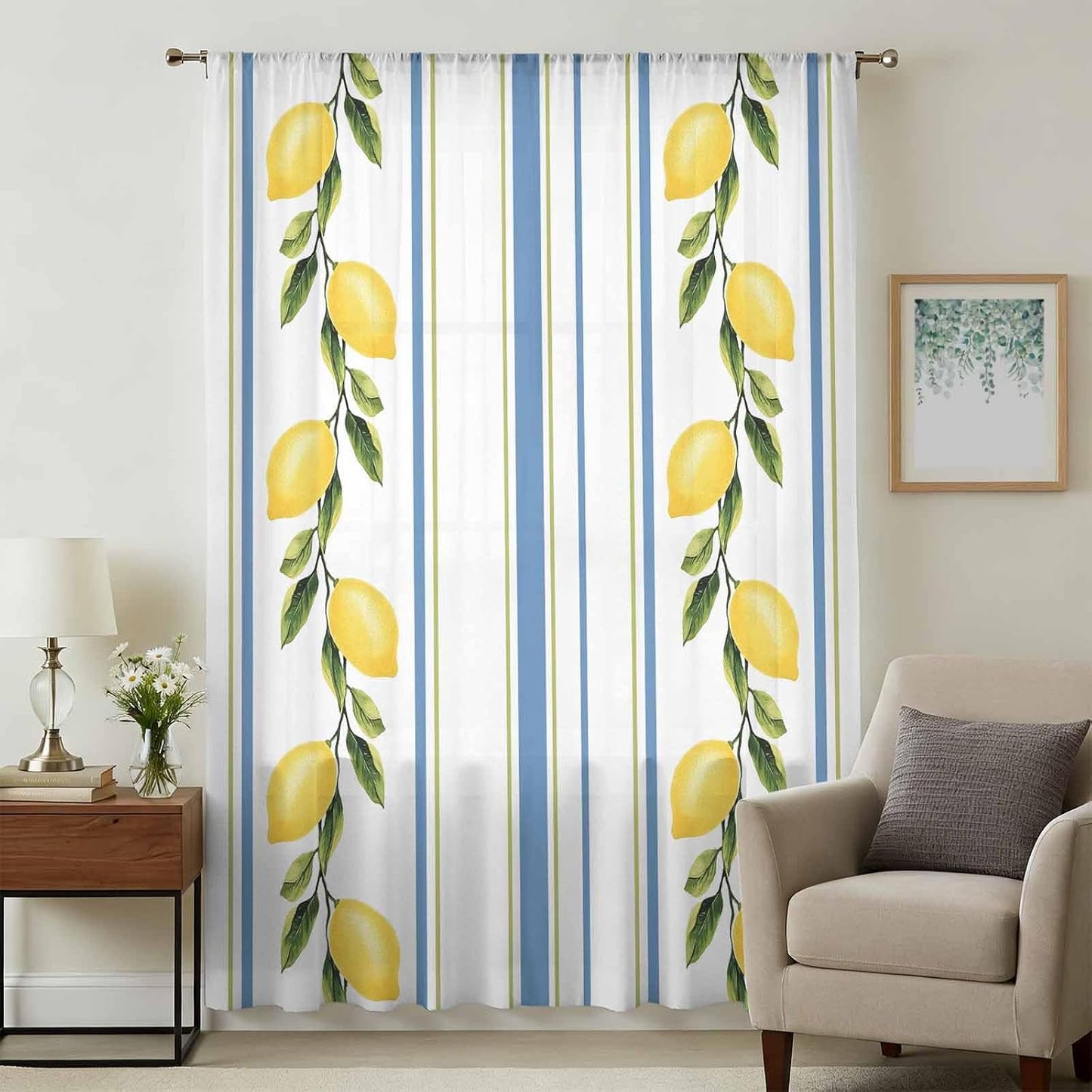 Lemon Striped Sheer Curtains 72 Inch Length Yellow Fruit Blue White Geometric Chiffon Curtain for Bedroom Living Room Light Filtering Rod Pocket Window Treatments Voile Curtains Drapes for Dining