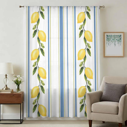 Lemon Striped Sheer Curtains 72 Inch Length Yellow Fruit Blue White Geometric Chiffon Curtain for Bedroom Living Room Light Filtering Rod Pocket Window Treatments Voile Curtains Drapes for Dining