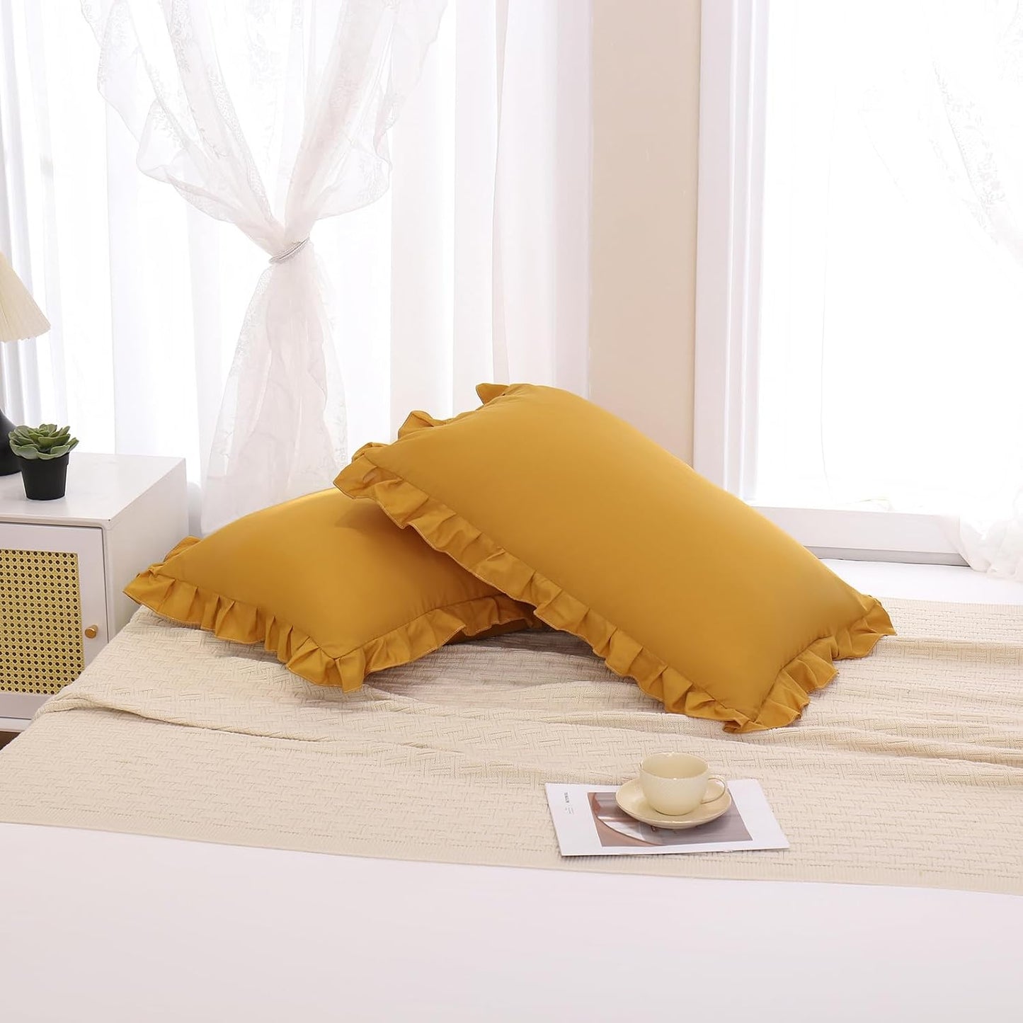 Merryword Mustard Yellow Pillowcases King Pillowcases Set of 2 Ruffle Pillow Shams Cute Pillow Covers Solid Ruffled Fringe Design Yellow Shabby Chic Pillowcases 2 Pack