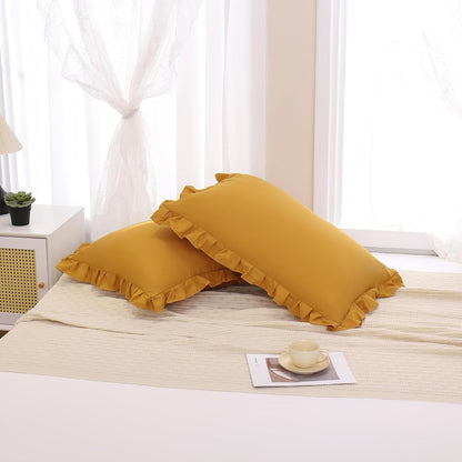 Merryword Mustard Yellow Pillowcases King Pillowcases Set of 2 Ruffle Pillow Shams Cute Pillow Covers Solid Ruffled Fringe Design Yellow Shabby Chic Pillowcases 2 Pack
